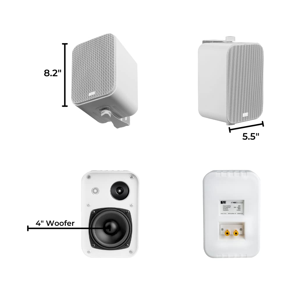 OSD 4' Outdoor Patio Speaker Pair 80W, IP54 Weather Resistant, Aluminum White AP450