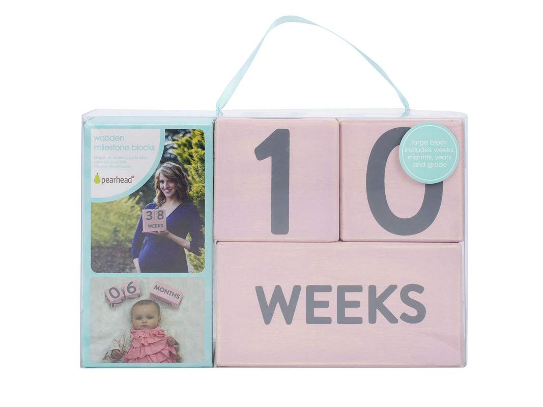 Pearhead Wooden Baby Photo Sharing Milestone Age Blocks, Monthly Milestone Prop For Baby Girl, Gift For New And Expecting Parent