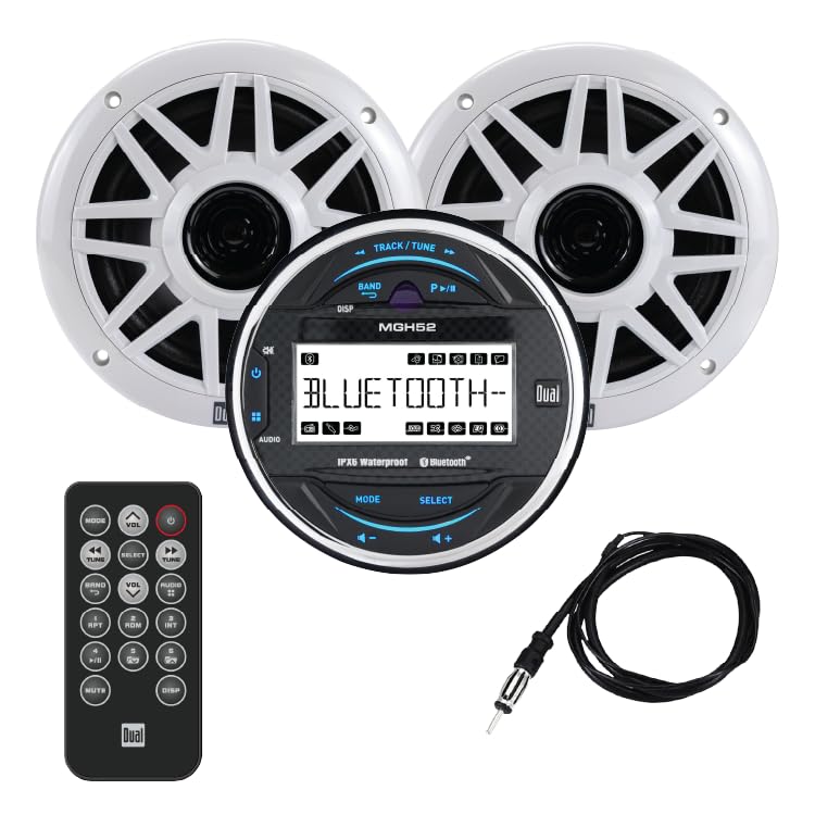 Dual Electronics MXPGH52 Gauge Hole Marine Stereo with (2) 6.5 Marine Speakers, Wireless Remote Control & Antenna | 10-Character
