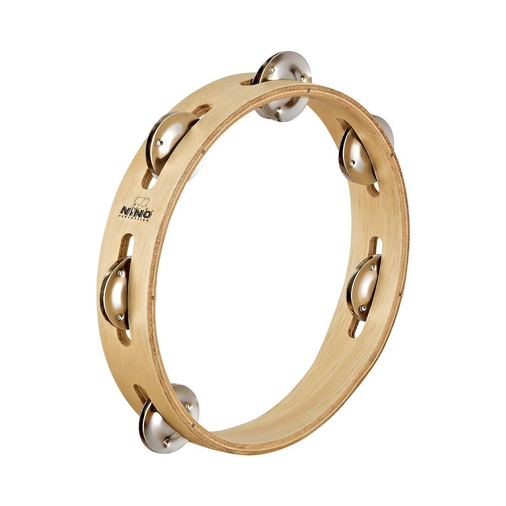 Nino Percussion NINO46 8Inch Wood Tambourine with Steel Jingles 1 Row Natural