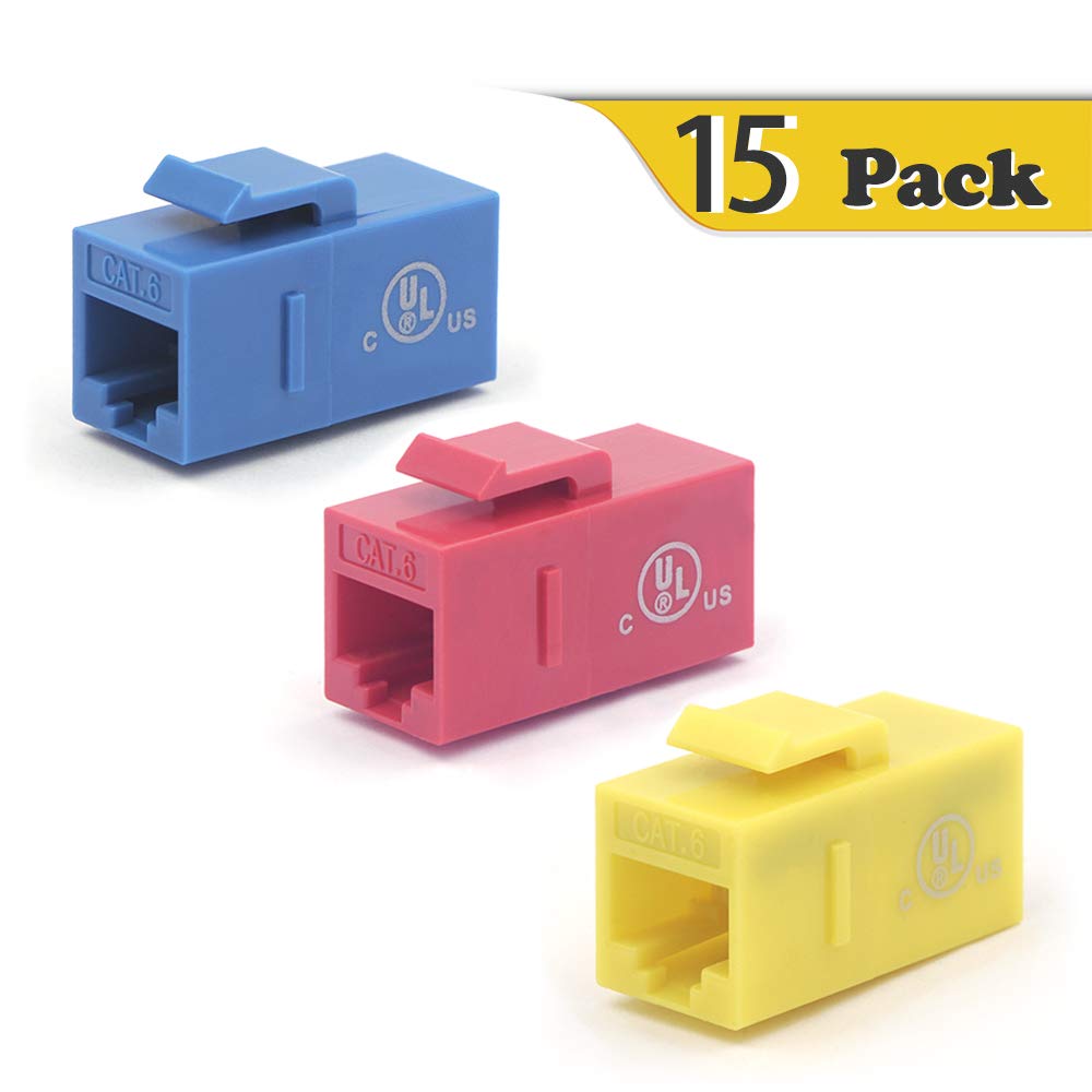 Vce Cat6 Keystone Coupler Ul Listed 15-Pack, Rj45 Female To Female Insert Coupler Utp Keystone Inline Coupler Blue+Red+Yellow