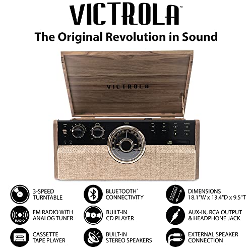 Victrola Empire Mid Century 6 In 1 Turntable With 3 Speed Record Player, Bluetooth Connectivity, Radio, Cassette And Cd Player (