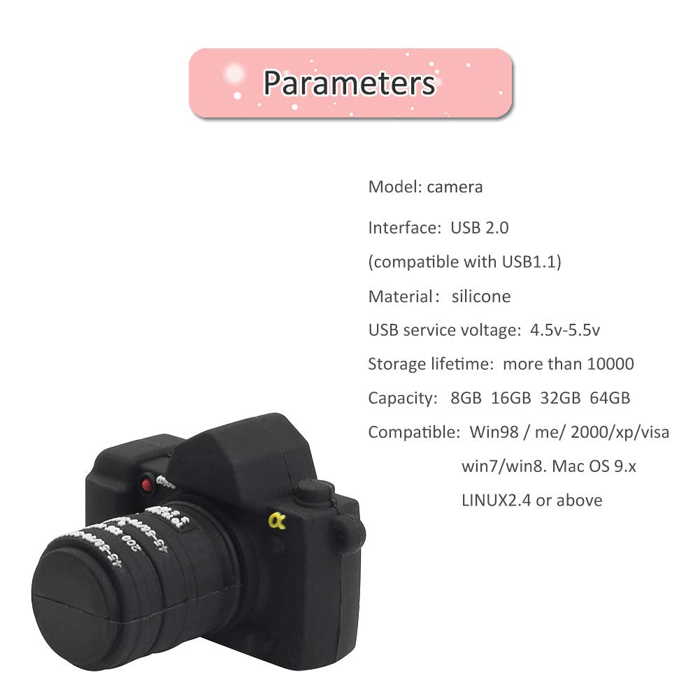 Leizhan Cute Usb Flash Drive 32Gb Camera Shape Thumb Drive Silicone Memeory Stick U Disk For Kids Students Gift Pendrive, Black