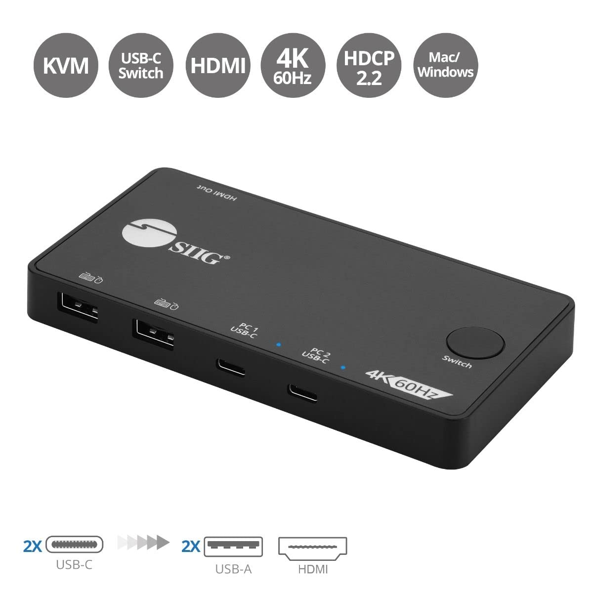 Siig 2 Port Usb-C Kvm Switch - 2 Computers To 1 Monitor - 2X Usb-A + 2X Usb-C - Single 4K 60Hz Hdmi, Usb-C Bus Powered, Button C