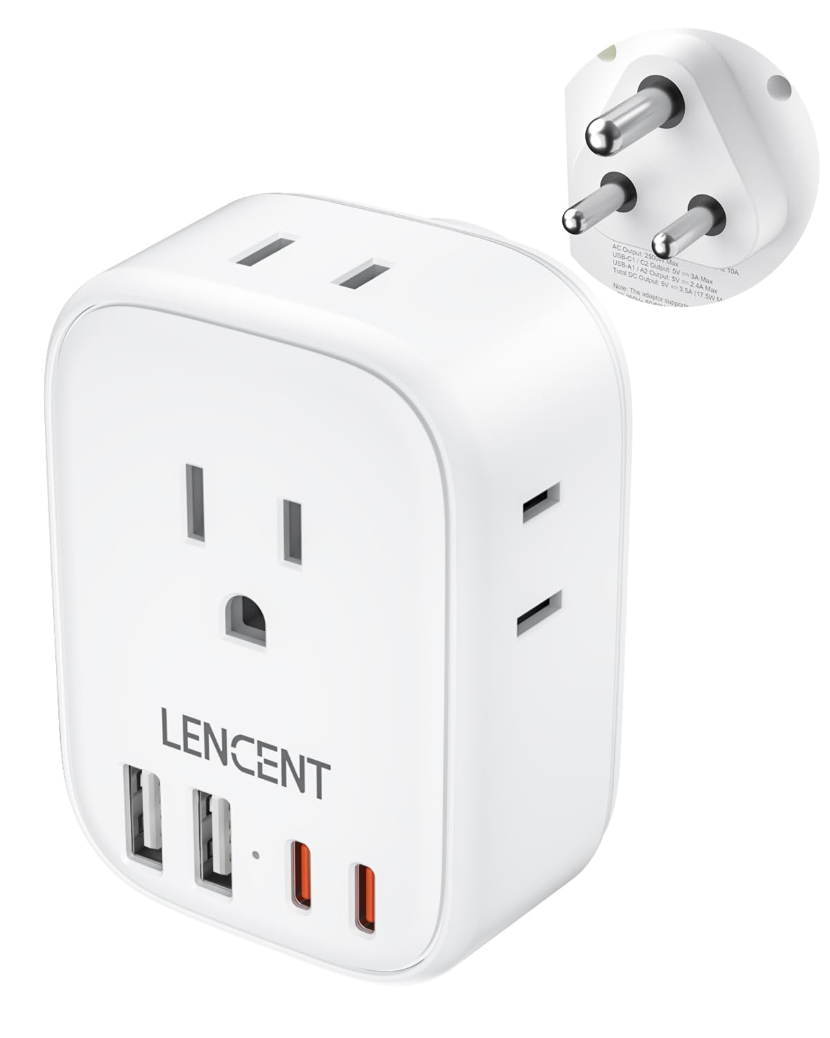 Lencent Us To India Power Plug Adapter, Indian Travel Adaptor With 4 Outlets, 4 Usb Charger(2 Usb C), Type D Plug Converter For