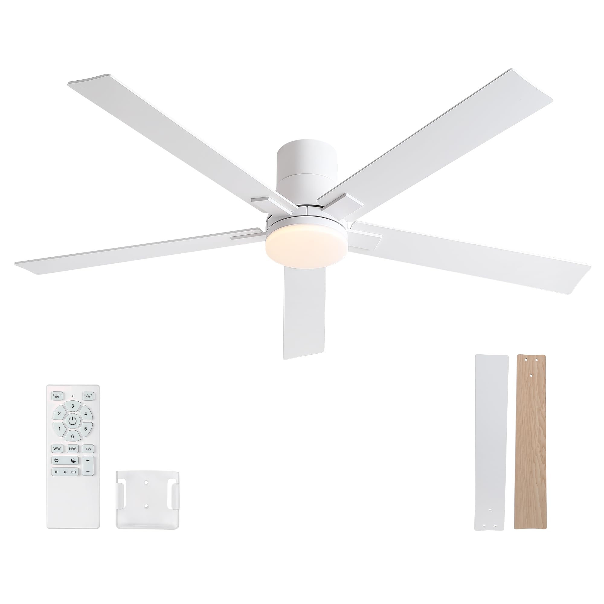 60 Inch Ceiling Fans With Lights And Remote,Flush Mount White Ceiling Fan With 5 Blades,6 Speed Reversible Dc Motor,3Cct Dimmabl