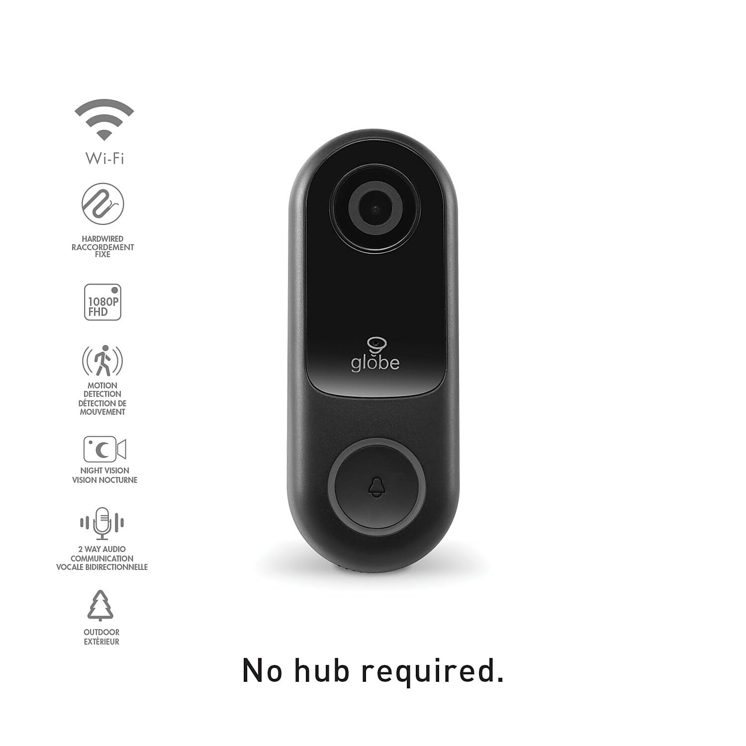 Globe Electric Wi Fi Smart Video Doorbell, Hardwired, No Hub Required, Ip54 Rated, 1080P, Motion Detection, 2 Way Voice, Night V