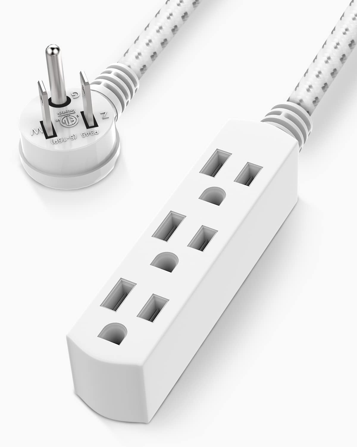 Plugtul Flat Plug Extension Cord 1.5 Ft, 3 Outlet Braided White Extension Cord, 16 Gauge 3 Prong Grounded Wire, Home And Office,