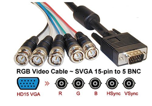Aya 10Ft (10 Feet) Coaxial Hd15 Vga To 5 Bnc Rgbhv Male To Male Cable With Ferrites