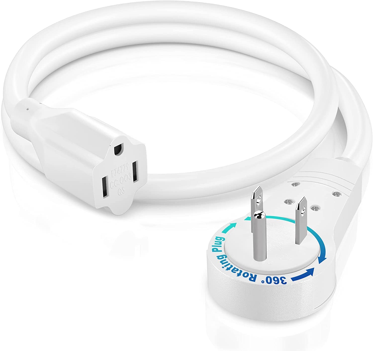 Maximm Extension Cord 1 Foot White Flat Plug, 360� Rotating Short Power Cord Single Outlet, Indoor 16 Gauge 3 Prong Grounded Wire Ul Certified (1Ft White)