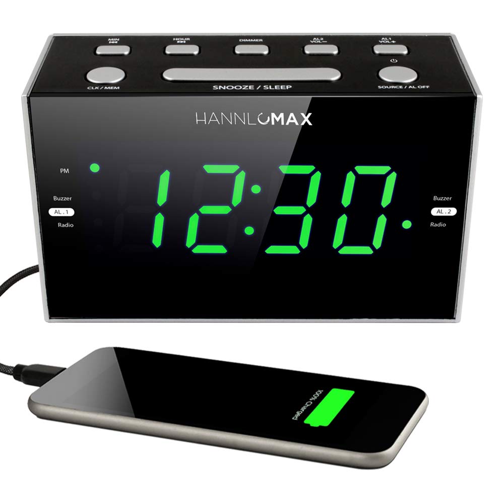 Hannlomax Hx 122Cr Alarm Clock Radio, Pll Fm Radio, Dual Alarm, 1.2 Inches Green Led Display, Usb Port For 1A Charging, Ac Power
