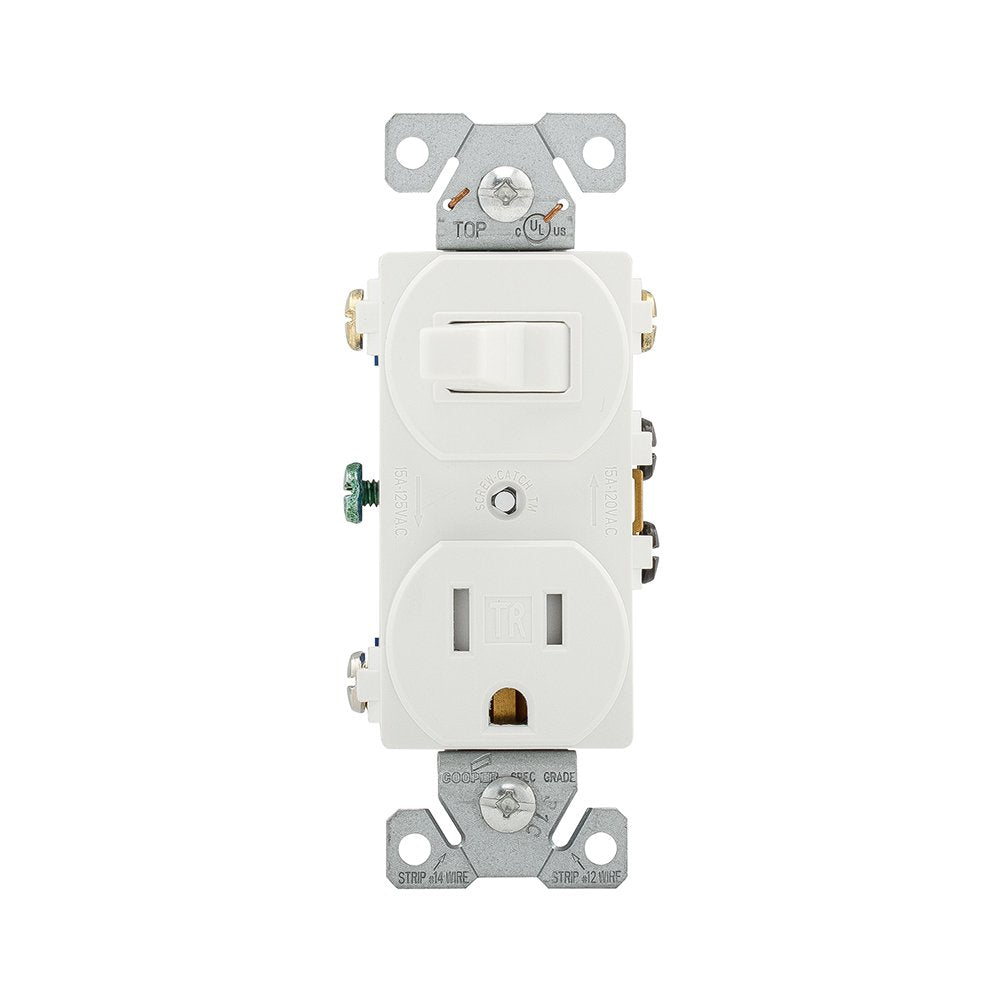 Eaton Wiring Tr293W 15 Amp 120V 5 15 3 Wire Combination Receptacle & Toggle Switch, White