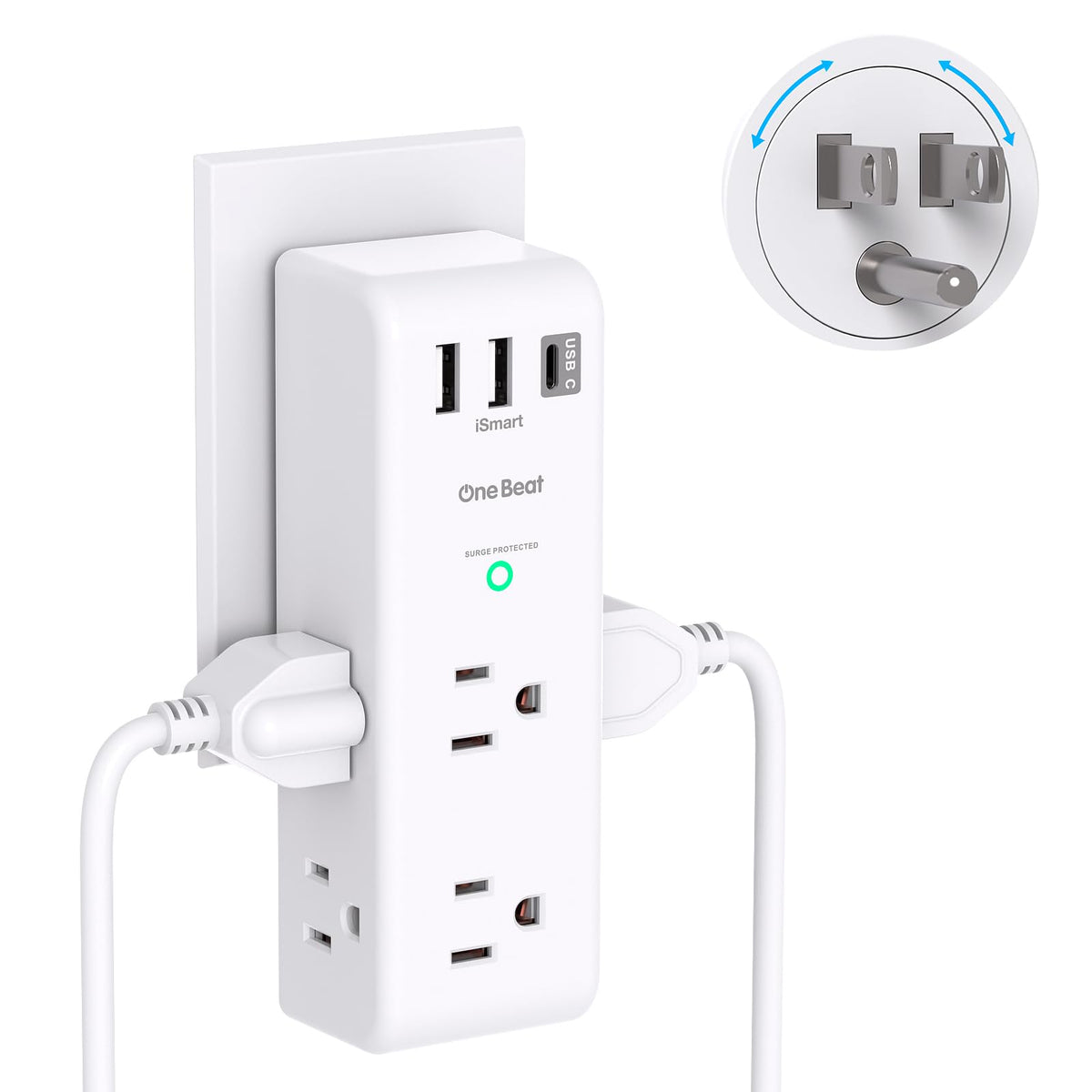 Surge Protector Outlet Extender   With Rotating Plug, 6 Ac Multi Plug Outlet With 3 Usb Ports (1 Usb C), 1800J Wall Charger, 3 S