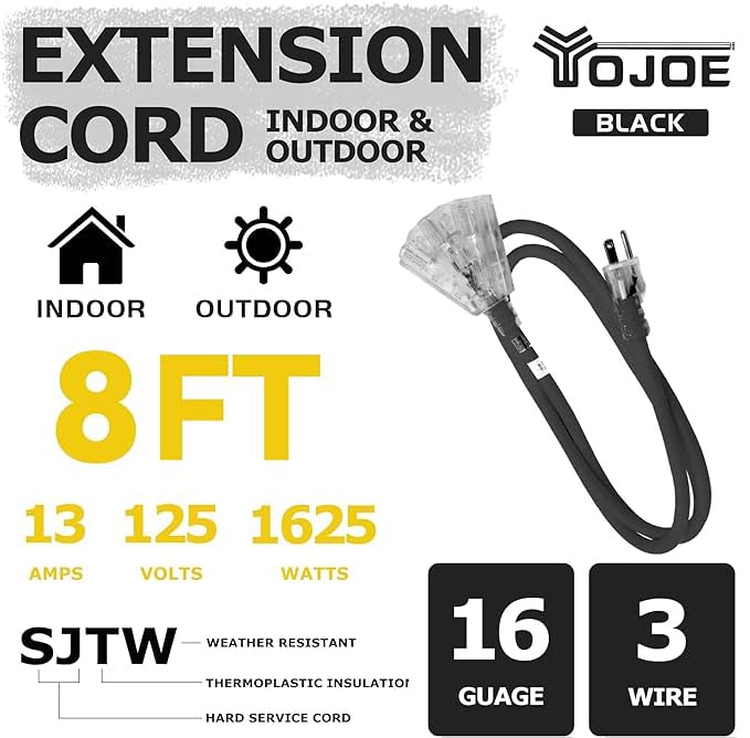Yojoe 3 Outlets Indoor Outdoor Extension Cord With Lighted End, 3 Prong 13A Weatherproof Power Cord, 16 Gauge Heavy Duty 8 Ft Bl