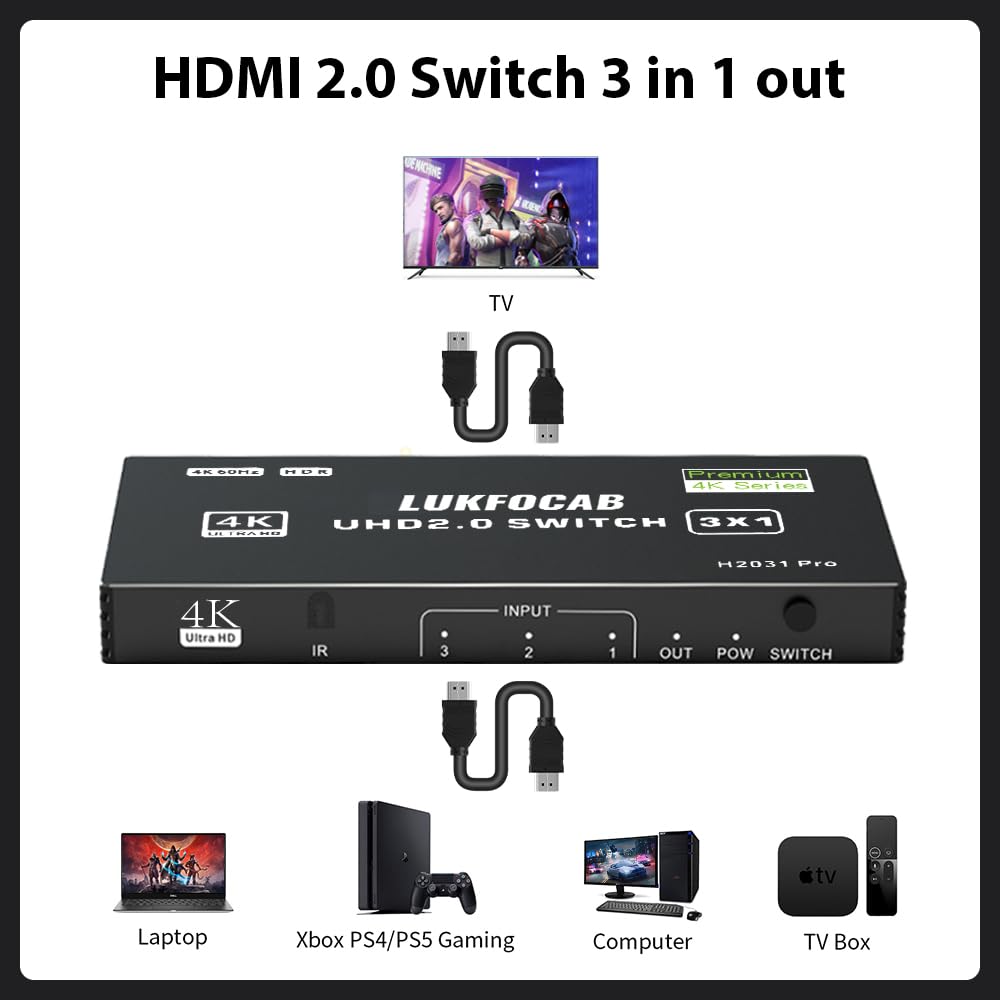 Hdmi 2.0 Switch 3 In 1 Out 4K 60Hz, 3 Port Hdmi Selector Box With Ir Remote Control, Support Uhd Hdcp 2.2 Hdr10 3D 18Gbps, Auto