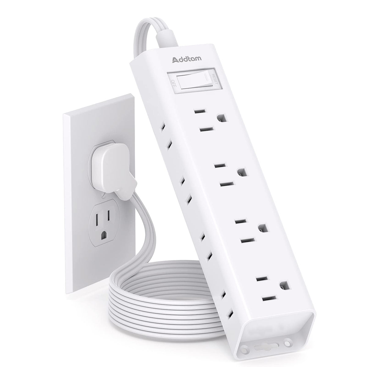 10Ft Extension Cord   Power Strip Surge Protector, Flat Plug, Addtam 12 Widely Outlets 3 Sides Outlet Extender, 900J, Wall Mount