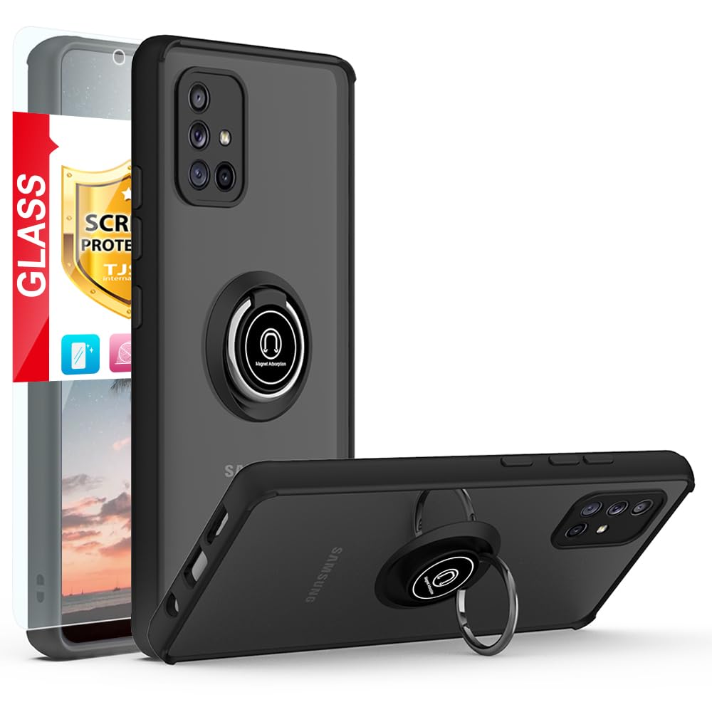 Tjs Compatible With Samsung Galaxy A71 5G Case, With Tempered Glass Screen Protector, Metal Ring Magnetic Support Kickstand Heav