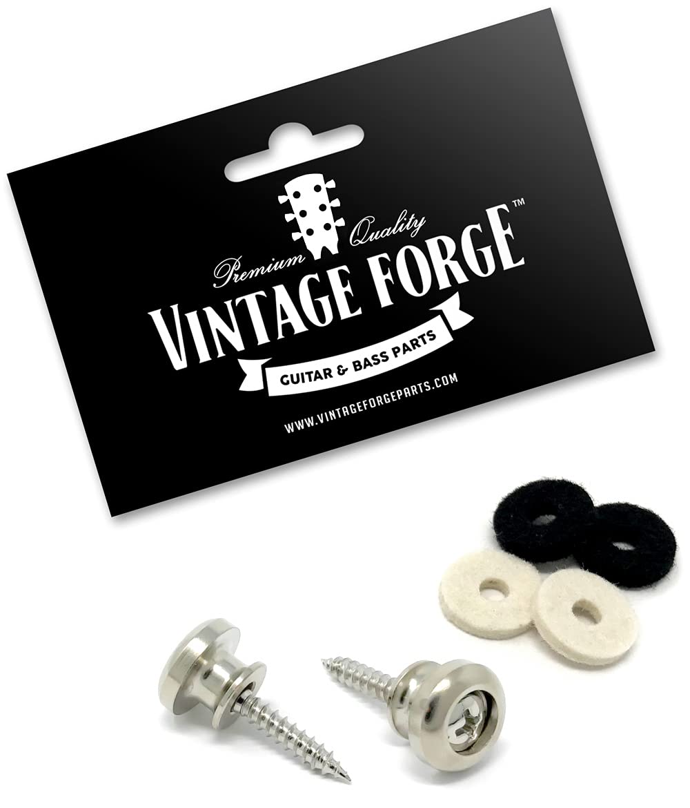 Vintage Forge Guitar Strap Buttons Nickel Modern Style For Guitar And Bass (2) With Screws And Felt Washers Universal Fit For Ib