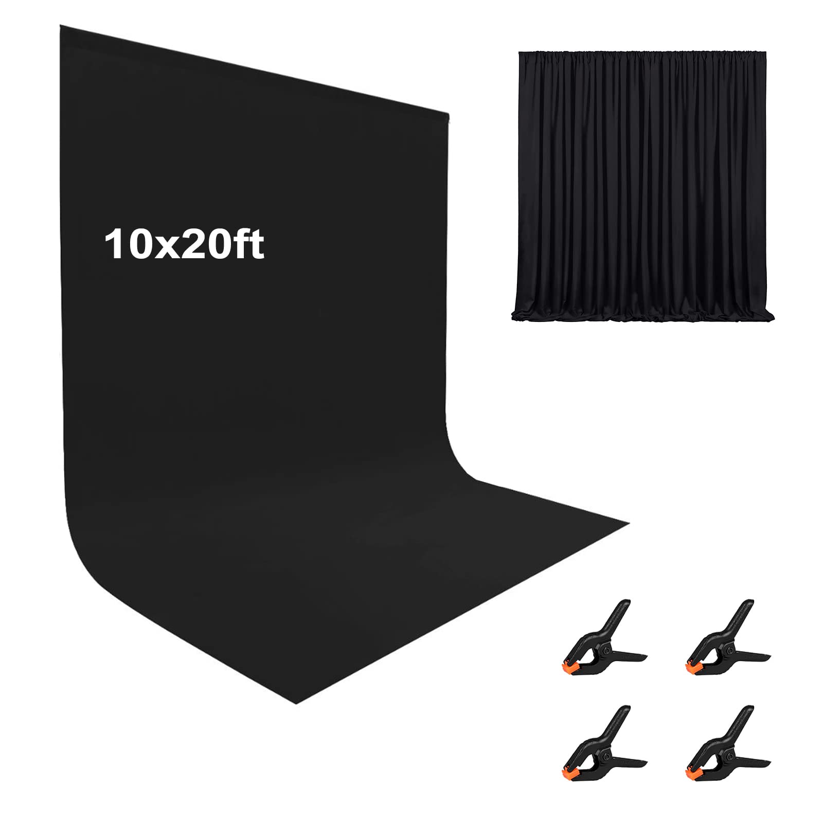 10X20Ft Black Photo Backdrops For Photography, Lcuirc Two Rod Pocket Black Backdrops Curtain For Parties, Polyester Black Backgr
