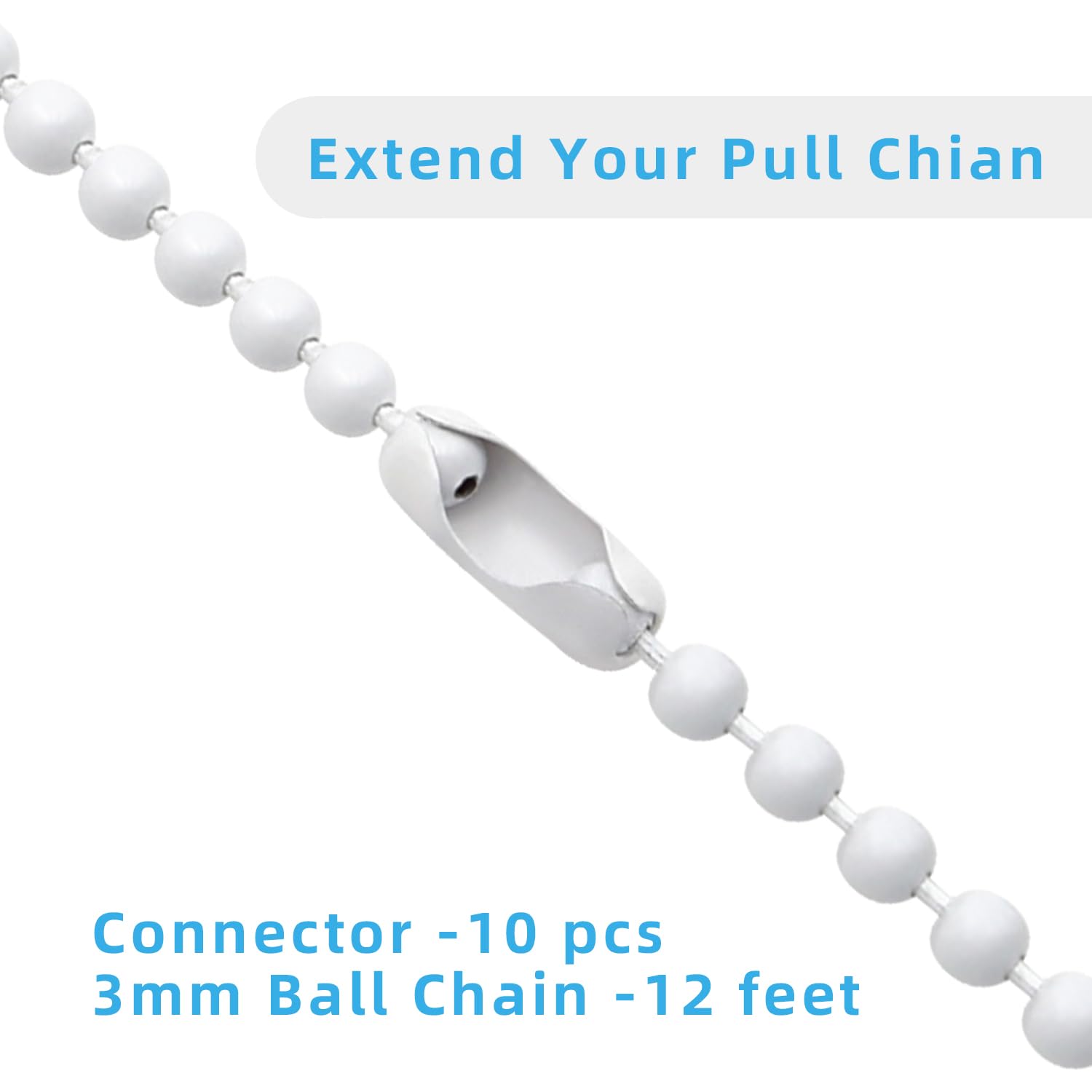 Ceiling Fan Pull Chain Extender, 12Feet 3Mm Diameter Beaded Ball Fan Light Extension Pull Chain With 10 Matching Connectors(Whit