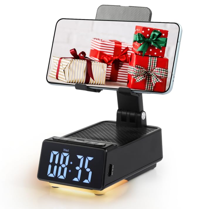 BFUSHIONY Cell Phone Stand with Wireless Bluetooth Speaker & Alarm Clock - Birthday Gifts for Men Women, 5 in 1 Phone Holder wit