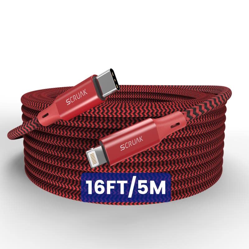 Extra Long Iphone Charger Cord 16Ft, Scruak [Mfi Certified] 16 Ft Usb C To Lightning Cable Fast Charging Nylon Braided Iphone Ch