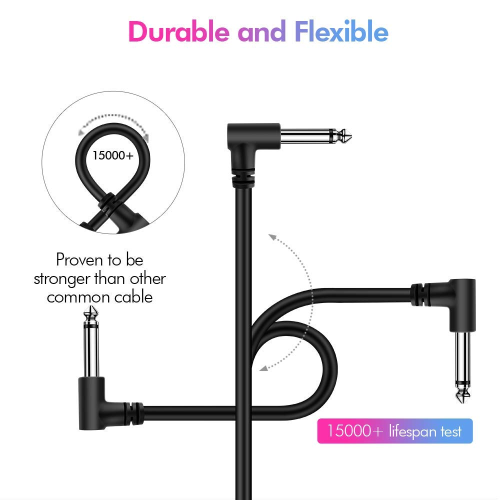 Sovvid 3 Pack 6 Inch Guitar Patch Cables, Black Guitar Pedal Cable Effect Cable Cord, 1/4'' Inch Ts Right Angle Guitar Patch Cab