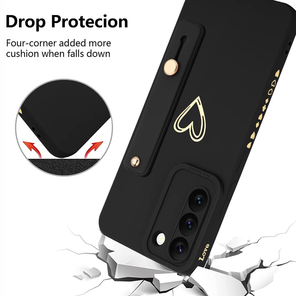 Fiyart Galaxy S22 Plus Phone Case Love Hearts Pattern Slim Protective Camera Protection Cover Wrist Strap Stand TPU Black 6.6"