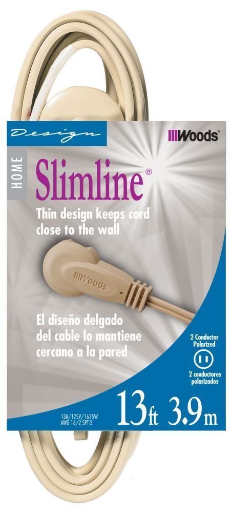 Woods Slimline 16/2 Flat Plug Extension Cord, 13Ft, Beige, 2240