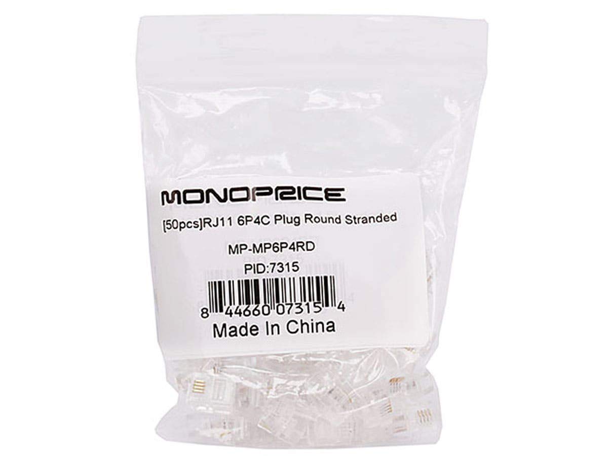 Monoprice 6P4C Rj11 Modular Plugs For Round Solid Cable   Crimp On, 1U, 3 Prongs, 4 Conductor, Clear, 50 Pack