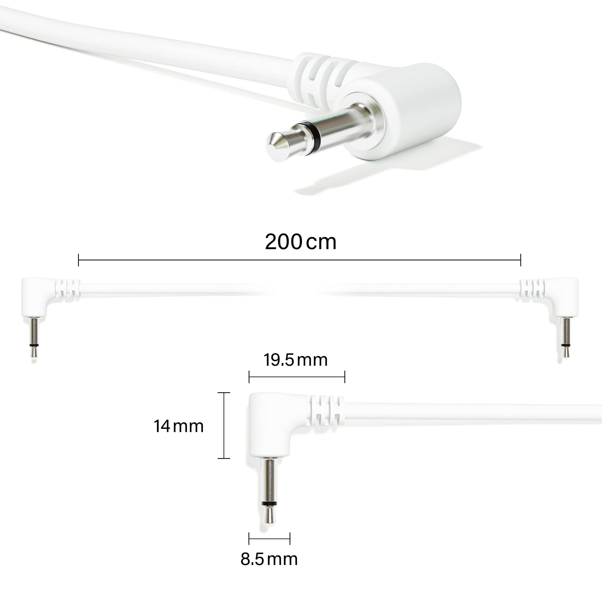 Excelvalley - 5-Pack - Right Angle Mono Modular Patch Cables - 3.5Mm 1/8 Eurorack Synthesizer [White | 180 Cm - 70.87]