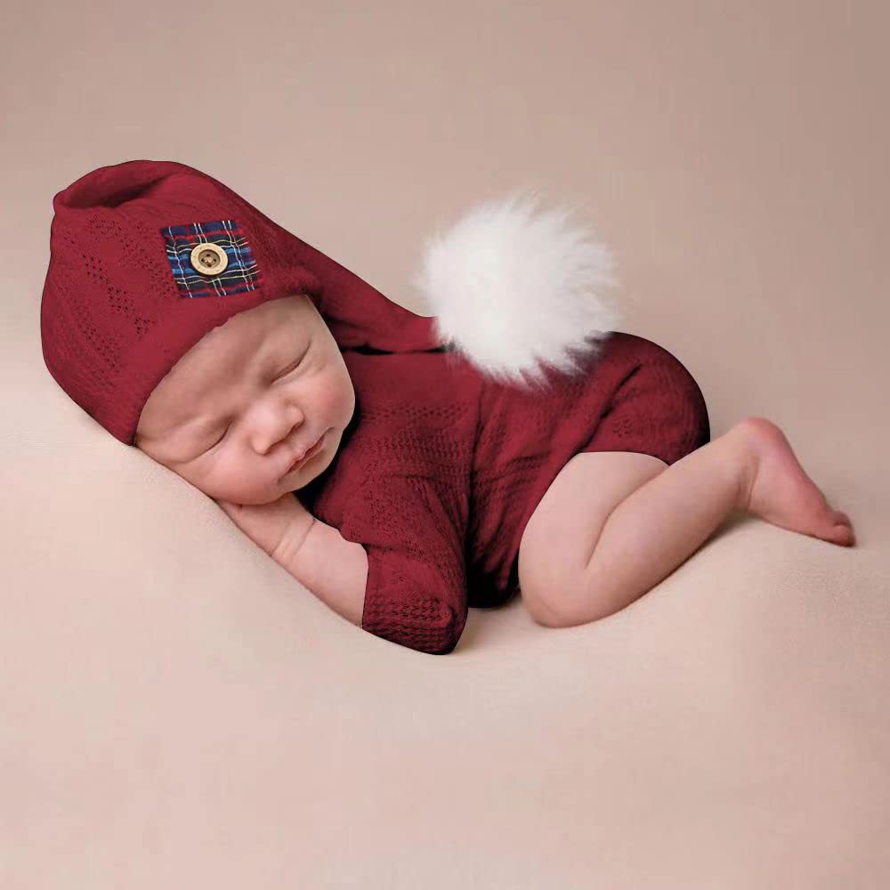 Christmas Newborn Baby Photo Shoot Props Outfits Crochet Clothes Santa Claus Red Hat Pants Photography Props (Reda)