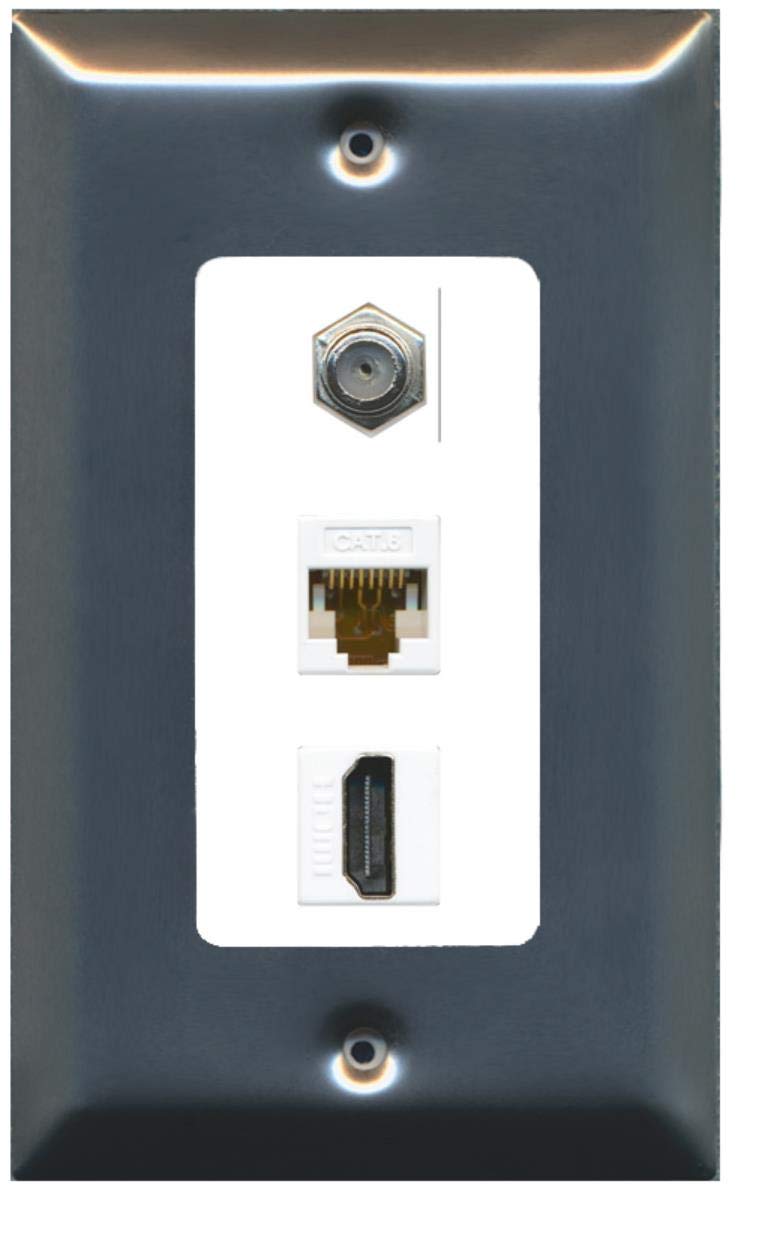 Riteav Decorative 1 Gang Wall Plate Coax Cat6 Hdmi   Brushed Nickel/White