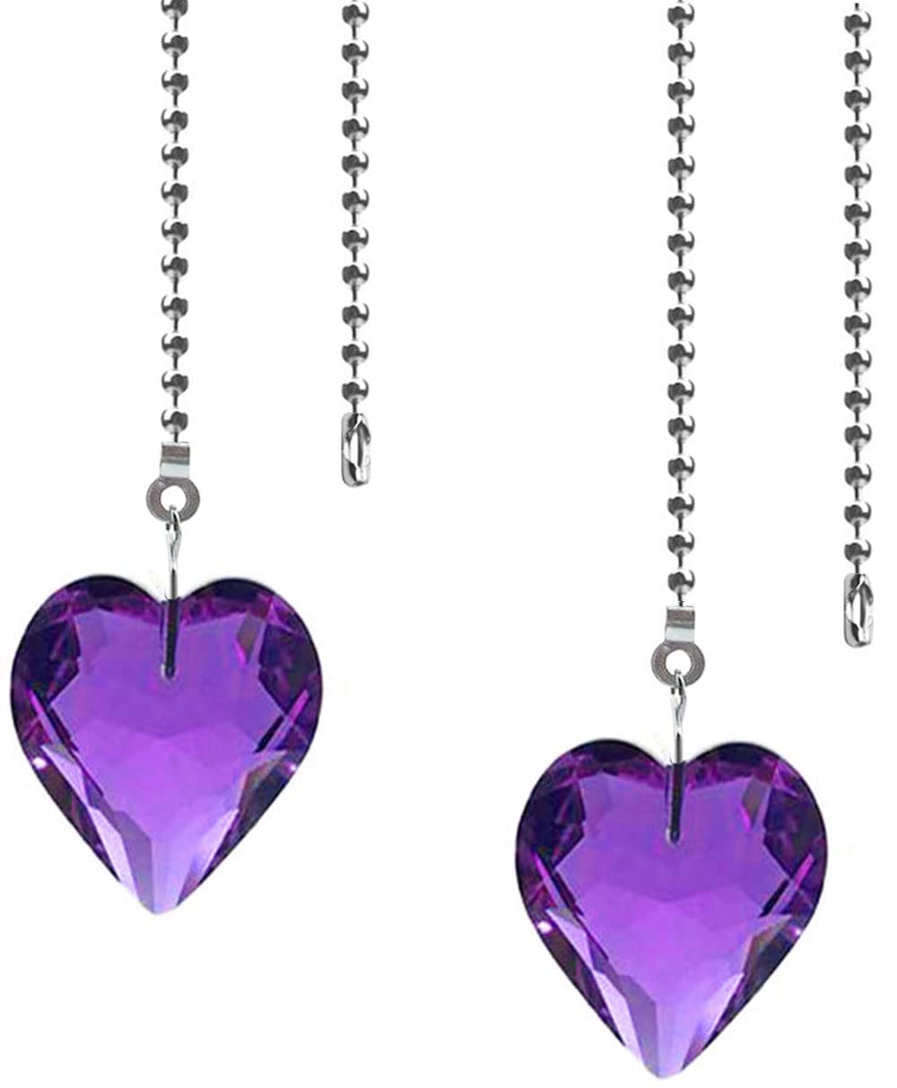 Hyamass 2Pcs Crystal Heart Prisms Pendant Ceiling Fan Pull Chain Extender With Ball Chain Connector(Purple)
