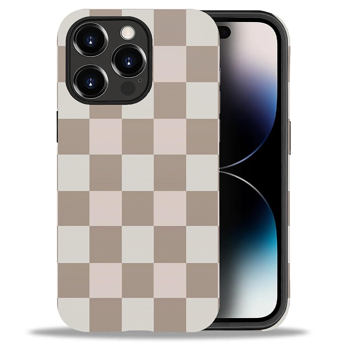 WANKBLC Compatible with iPhone 14 Pro Matte Case, Brown Pink Check Plaid Pattern for Girl Full Body Design Soft Silicone Drop Sh