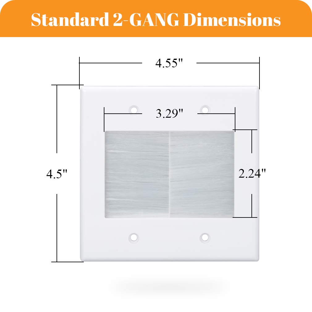 Kebulldola 2 Gang Brush Wall Plate White 2 Pack, Double Gang Cable Management Kit For Tv Coaxial, Hdmi, Ethernet Cables, Speaker