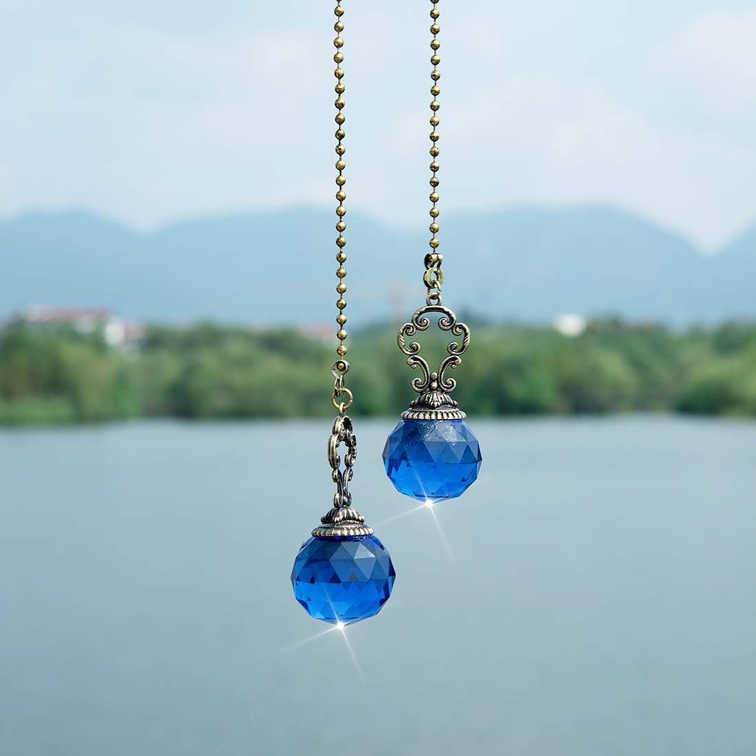 Longsheng   Since 2001   Set Of 2 Vintage Style Blue Fan Pull Ceiling Fan Chain Pulls Crystal Prism Ball