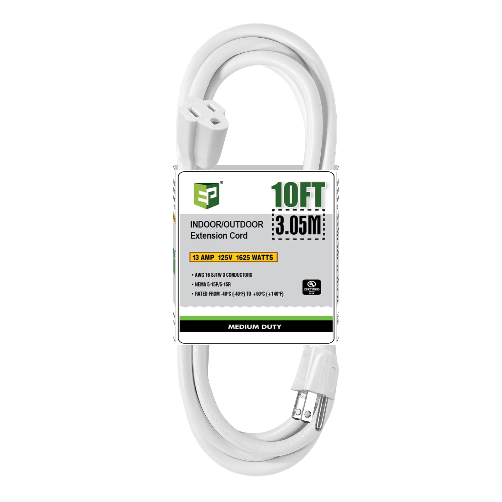 Ep 10 Ft Outdoor Extension Cord   16/3 Sjtw White Electrical Cable With 3 Prong Grounded Plug, Ul Listed
