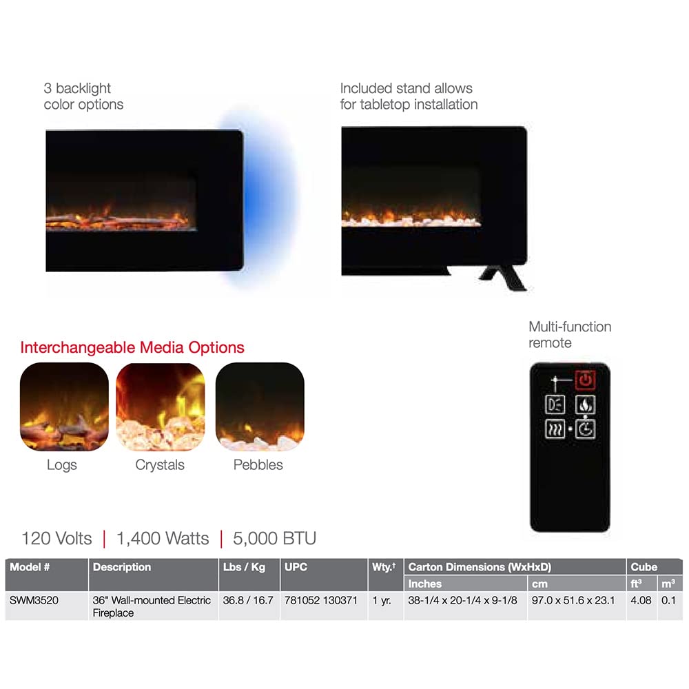 Dimplex Winslow Wall Mounted Electric Fireplace, 35' Inch, Black, 1400W   Modern Wall Electric Fireplace With Heater, Multiple Media Options, Remote Control   Slim Fireplaces For Living Room, Bedroom