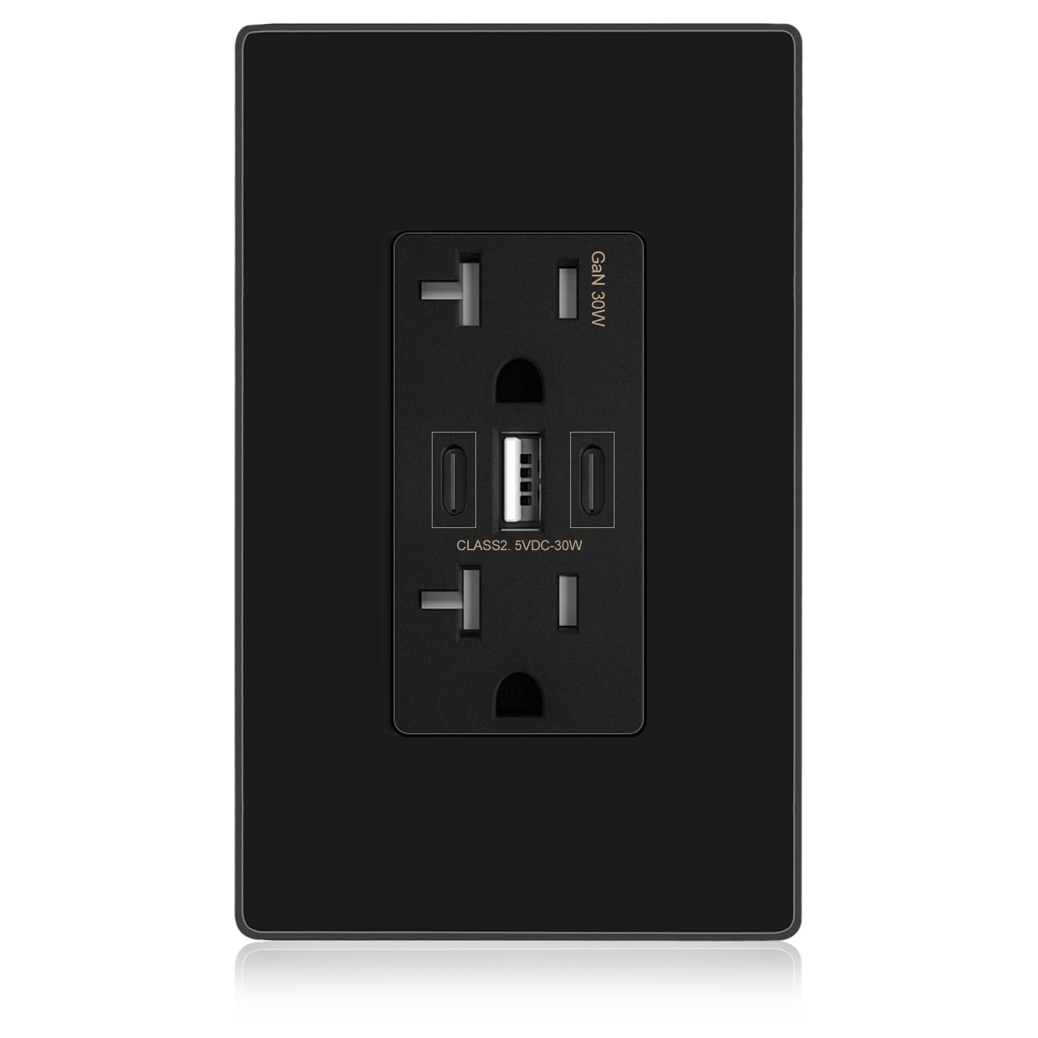 Amerisense Gan 30W 6Amp 3 Port Usb Wall Outlet, 20 Amp Tamper Resistant Receptacle With 2 Usb Type C & 1 Type A Port, Usb Charge