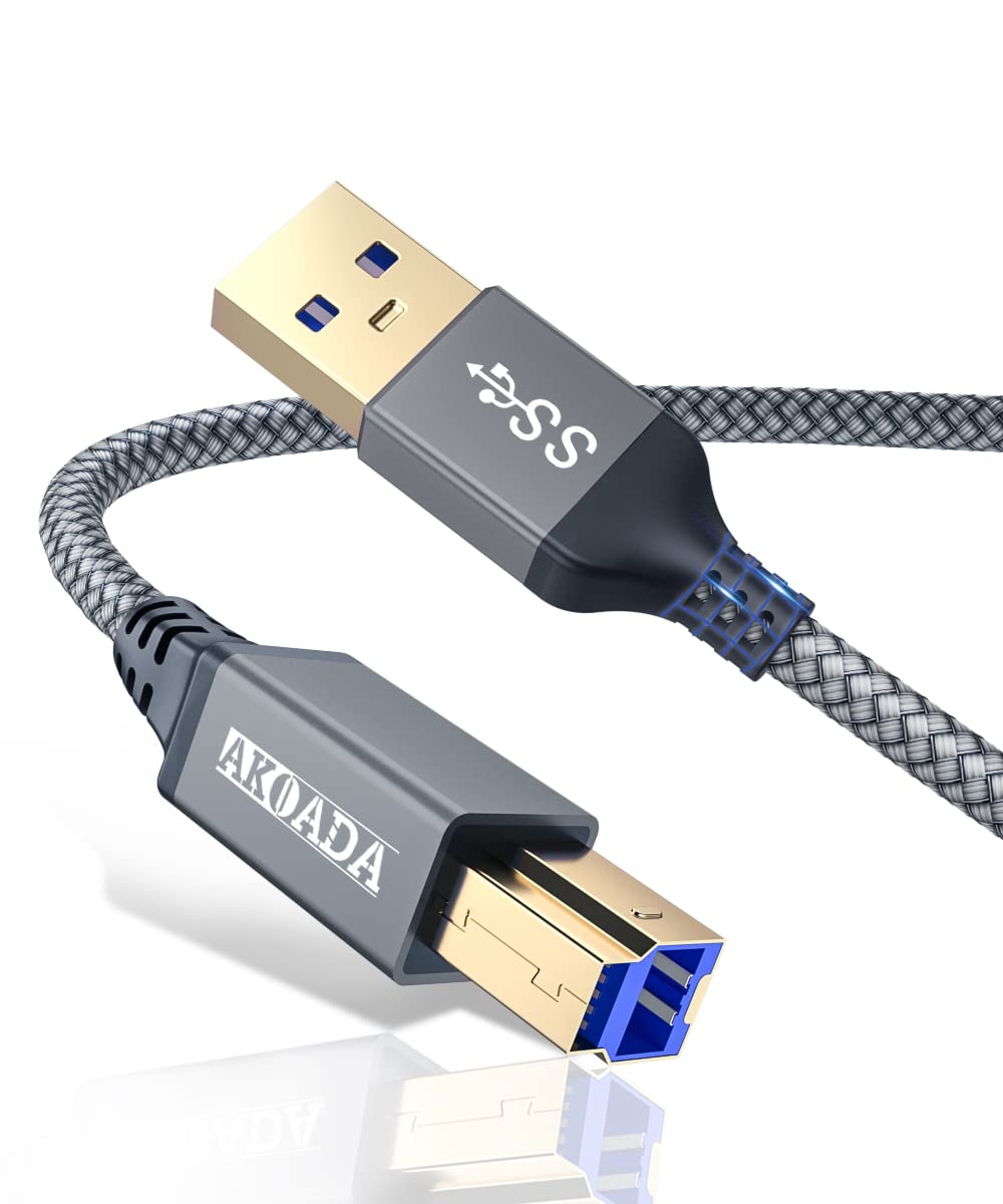 Akoada Usb A To Usb B 3.0 Cable (10Ft), Durable Nylon Braided Type A To B Male Cable Compatible With Printers, Monitor, Docking Station, External Hard Drivers, Scanner, Hub And More Devices(Grey)