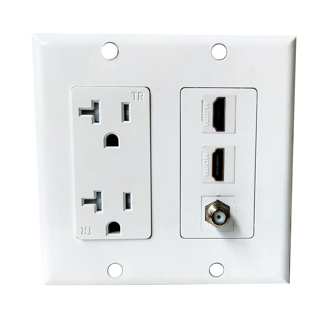 Boplat 20Amp Power Outlet With 2 Hdmi Coax Wall Plate   Electrical Outlet With 2 Port Hdmi Keystone Jack, 1 Coax Cable Tv F Type