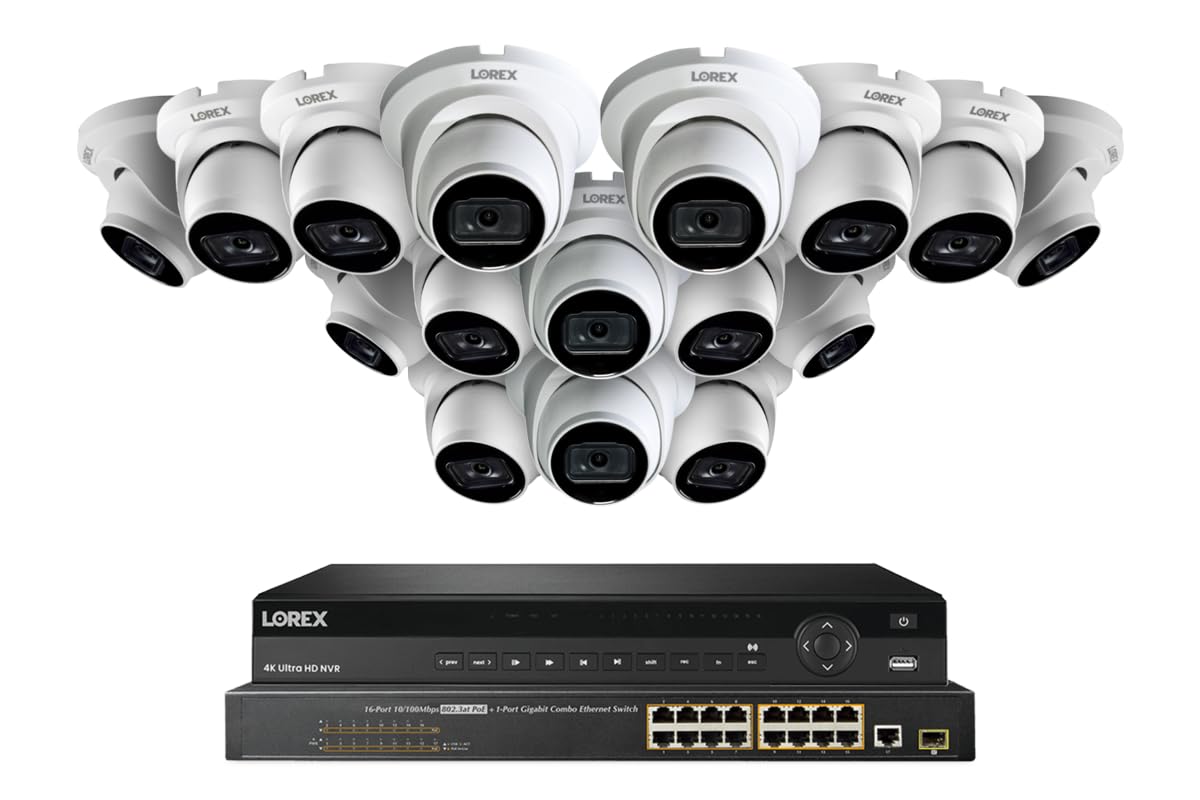Lorex 4K 8Mp (32 Camera Capable) 8Tb Wired Poe Nvr System With 16 Ip Indoor/Outdoor Metal Dome Cameras   Color Night Vision, Smart Motion Detection (Person/Vehicle), Ip67, Listen In Audio (White)