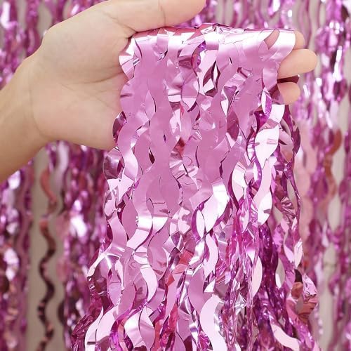 Pink Foil Fringe Curtain   Wavy Pink Fringe Backdrop 3.3 X 6.6 Feet, Pack Of 3 | Pink Streamers Party Decorations Pink Birthday