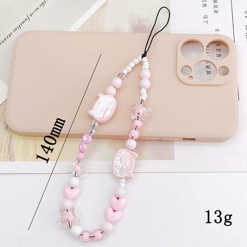 Oautosjy Mobile Phone Chain Strap Cute Kitten Head Star Flower Heart Beaded Phone Case Charm Beaded Mobile Phone Lanyard Wrist S