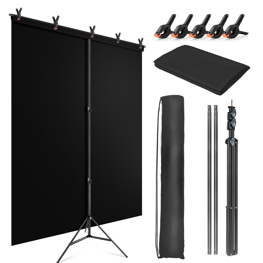 Jebutu Black Backdrop Background With Stand For Photoshoot, 5X6.5Ft Black Photo Backdrop Curtain Cloth With Background Support S