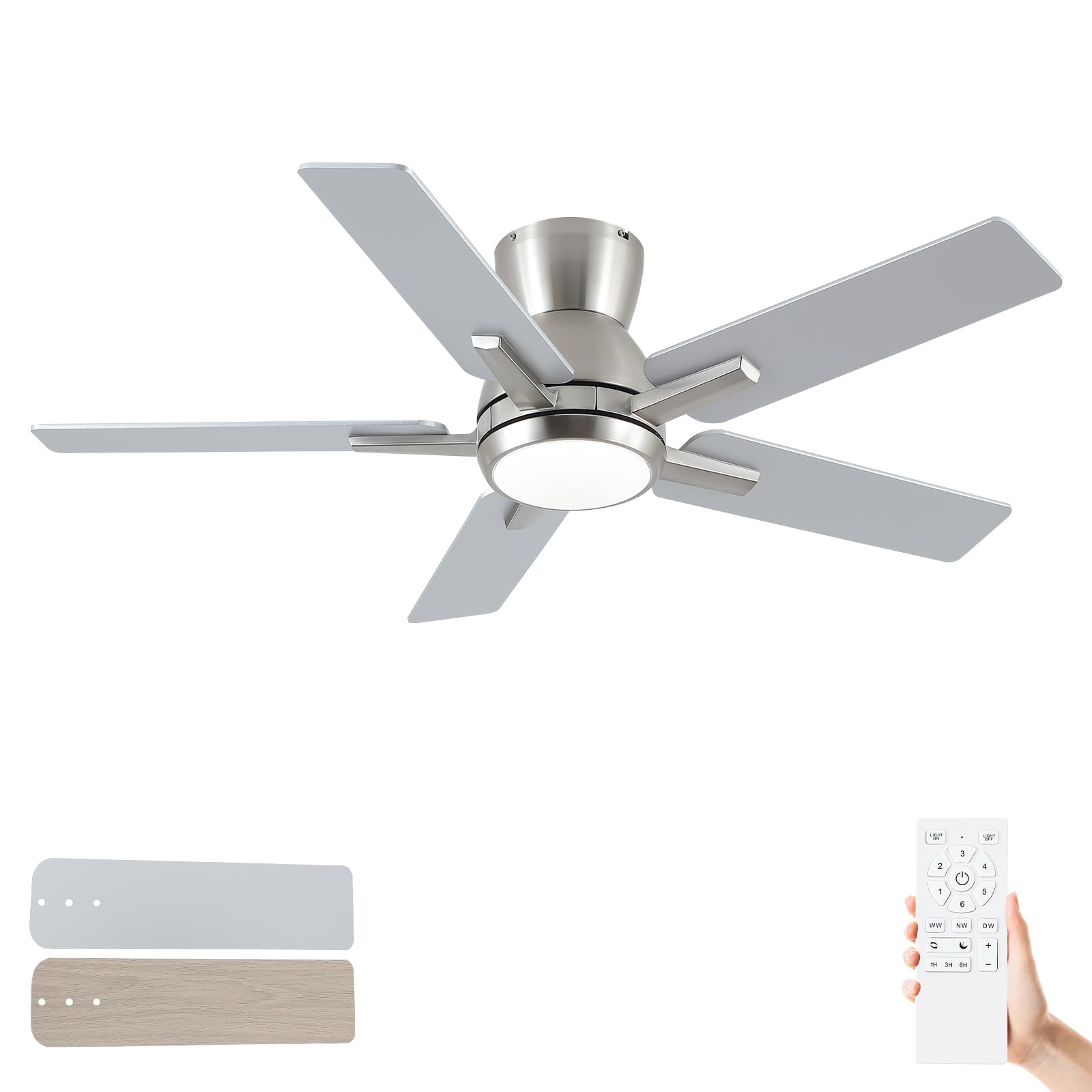 42 Inch Ceiling Fans With Lights,Brushed Nickel Low Profile Ceiling Fan With Light And Remote Control,Flush Mount,6 Speed Revers