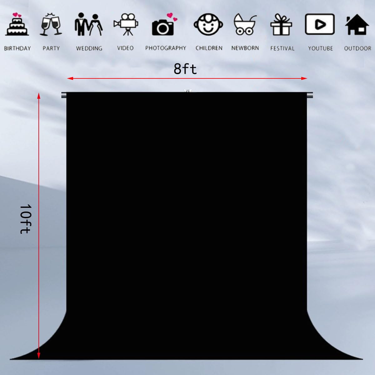 Hmtfoto Black Backdrop Background Fabric Backdrop For Shoot Portraits Party Video Studio 8X10Ft