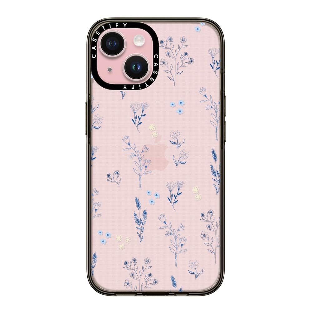 Casetify Compact Case For Iphone 15 [2X Military Grade Drop Tested / 4Ft Drop Protection]   Small Blue Flowers   Clear Black