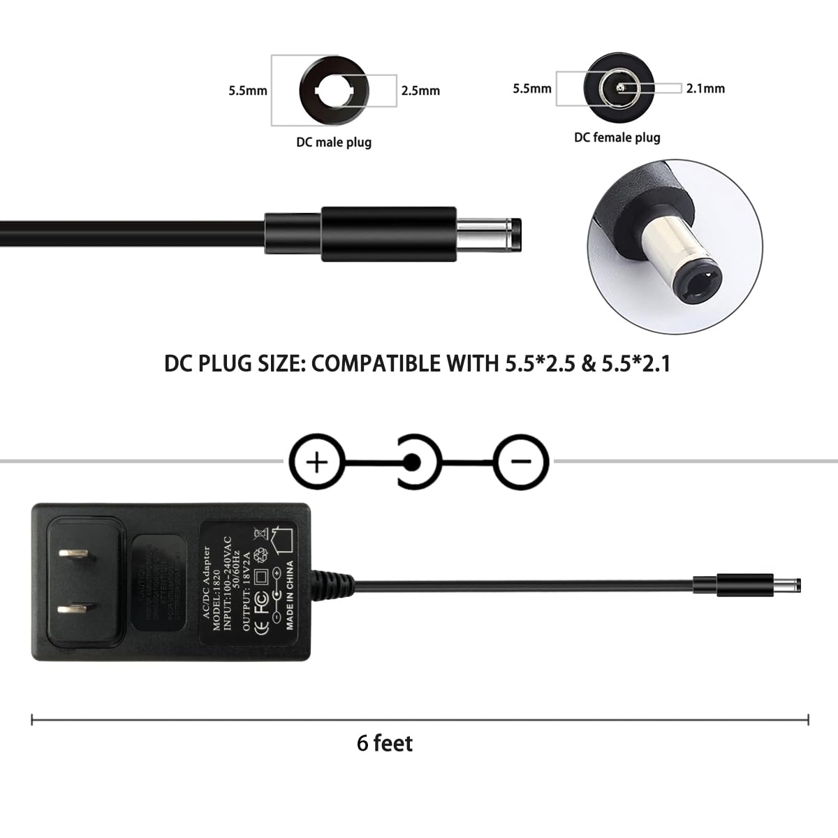18V 2A 36W Ac/Dc Power Supply Adapter, Wall, Center Positive Dc Plug 5.5X2.1Mm 5.5Mmx2.5Mm Compatible For 18 Volt 1A 1.1A 1.2A 1.3A 1.4A 1.5A 1.6A 1.7A 1.8A 1.9A 2A 1000Ma~2000Ma Equipment (6 Ft)